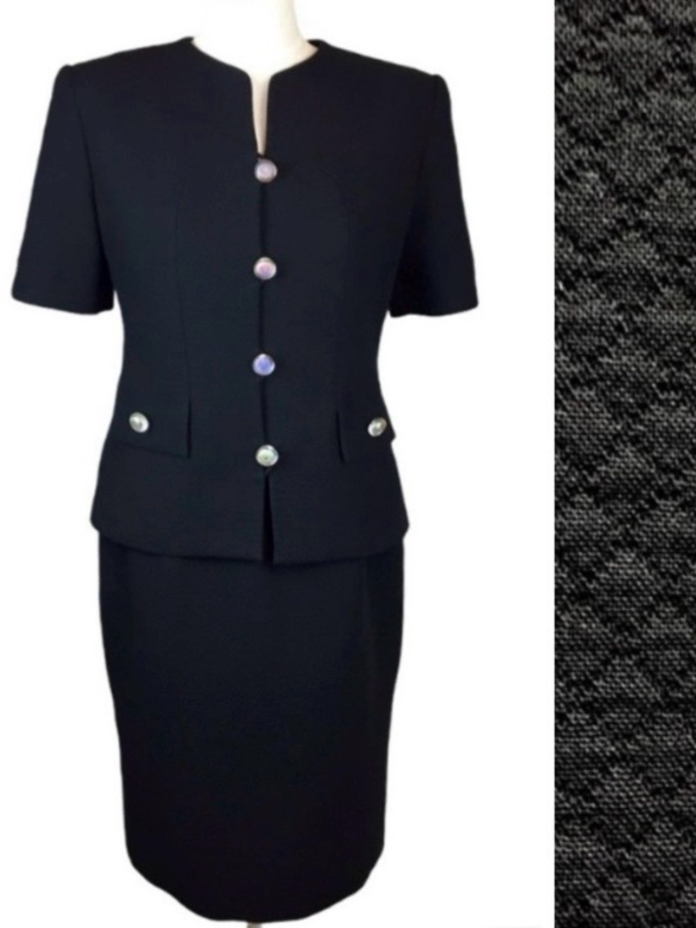 Vintage William Pearson Black Textured Skirt Suit Sz S-M